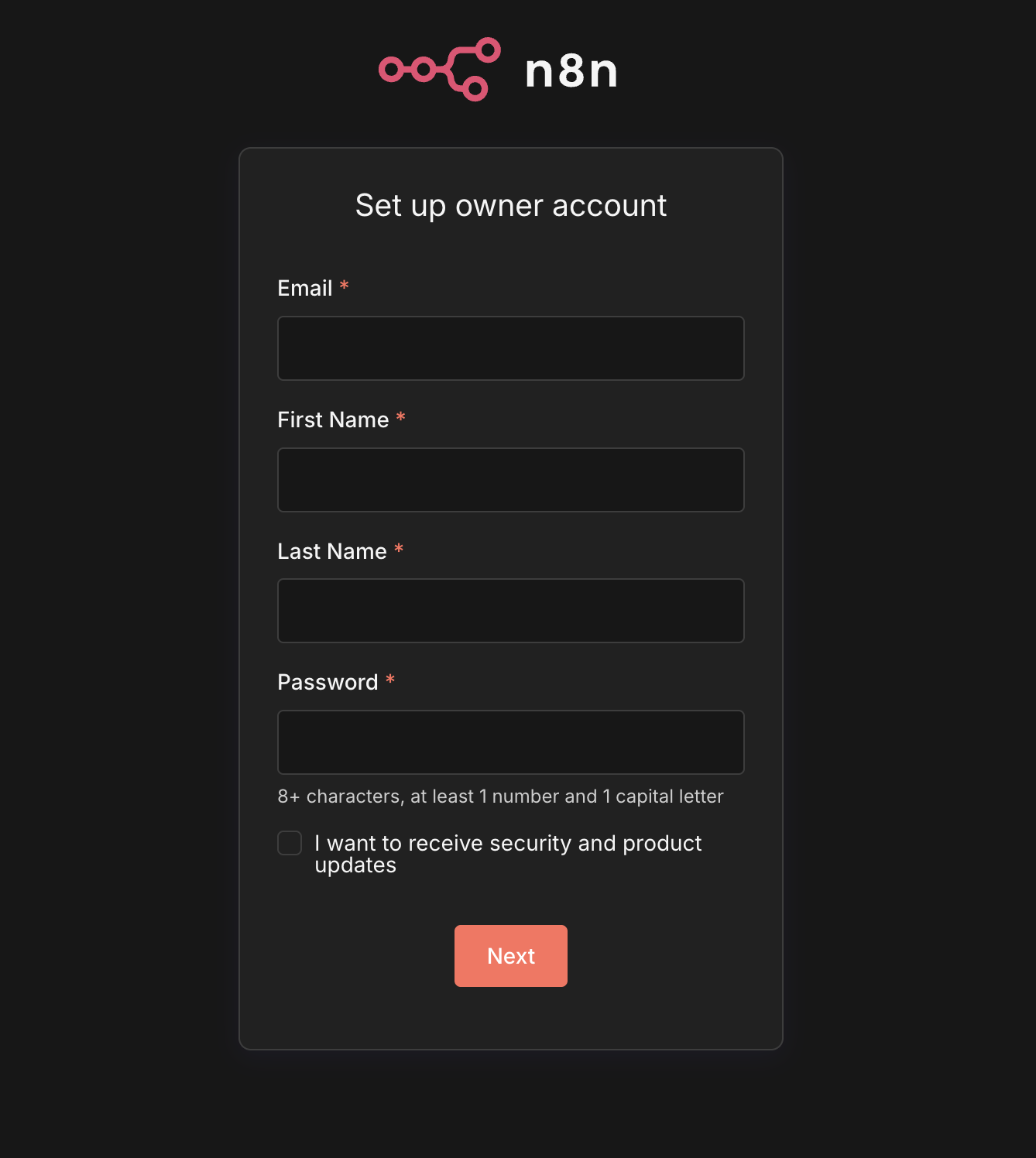 n8n login page after successful setup